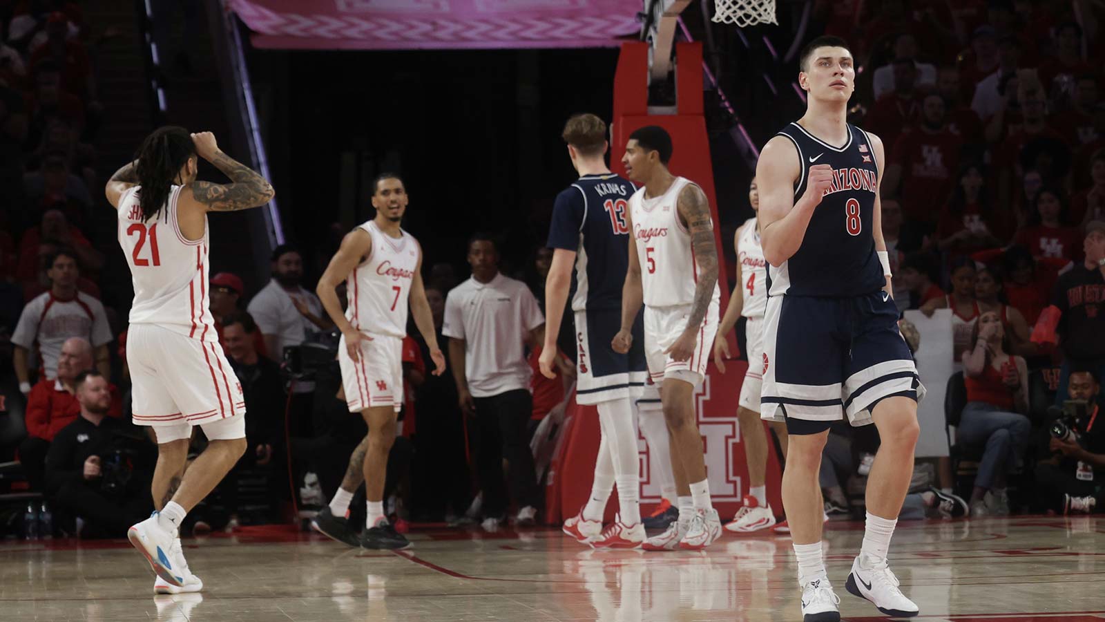 Arizona Wildcats forward Ivan Kharchenkov (8) reacts while playing against the Houston Cougars in the second half at Fertitta Center.