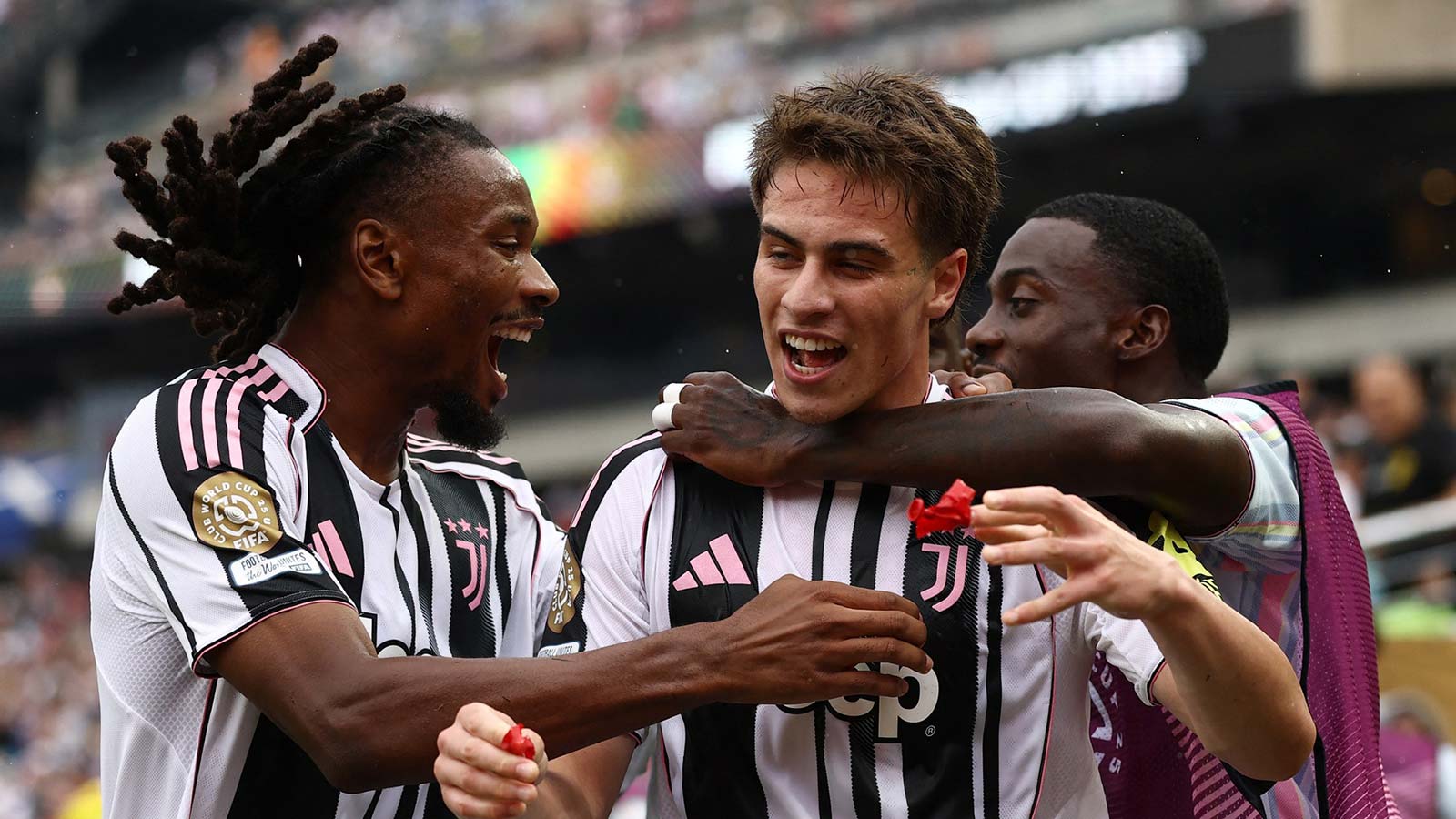 Juventus FC forward Kenan Yildiz (10) reacts after scoring a goal against Wydad AC during a group stage match of the 2025 FIFA Club World Cup at Lincoln Financial Field.