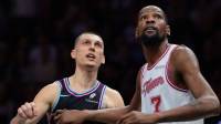 Houston Rockets forward Kevin Durant (7) defends against Miami Heat guard Tyler Herro (14) during the fourth quarter at Kaseya Center.