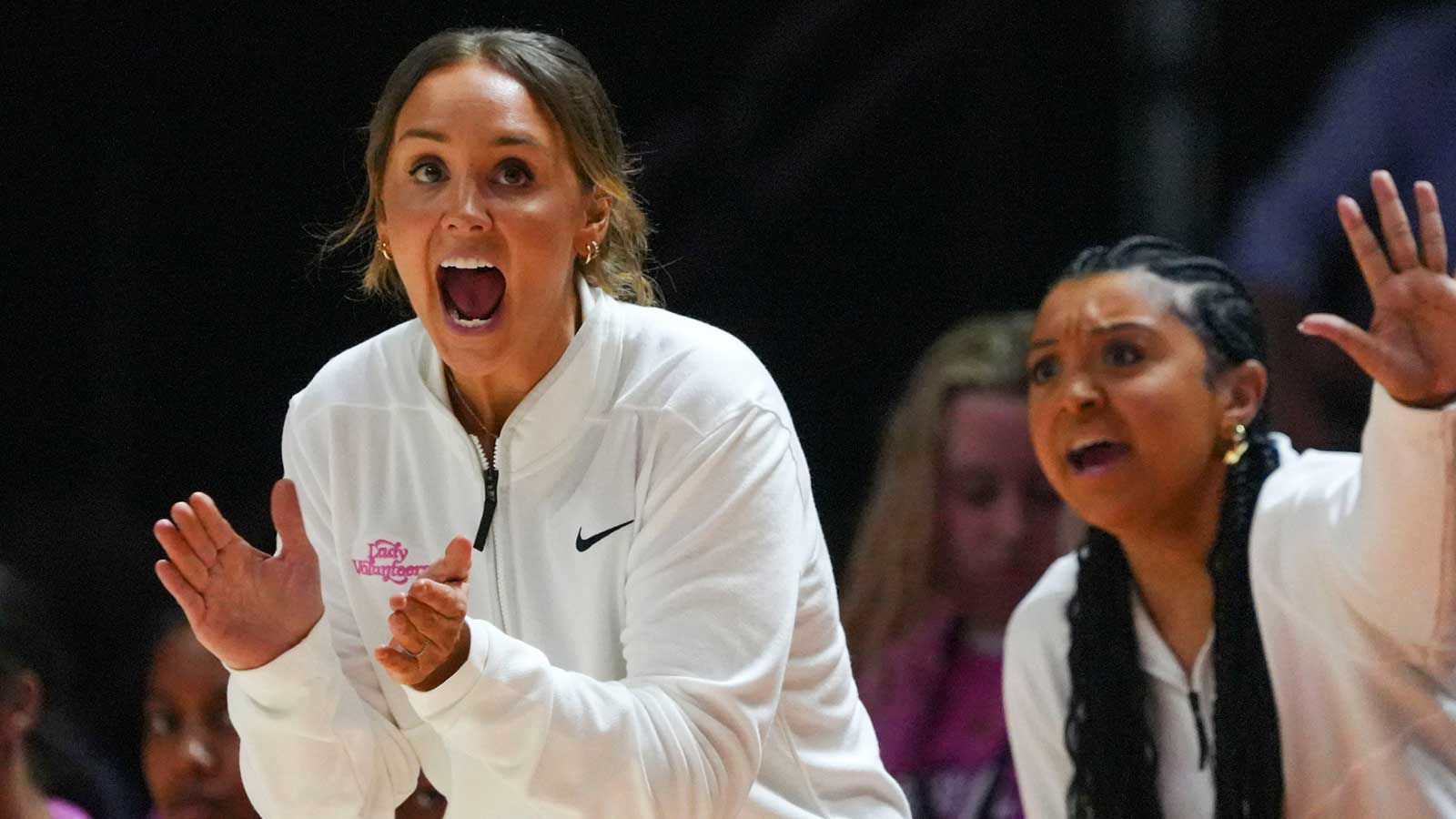 Tennessee coach Kim Caldwell claps and yells during a NCAA basketball game at Thompson-Boling Arena at Food City Center in Knoxville, Tenn., on Feb. 19, 2026.