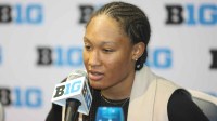 Penn State’s Kiyomi McMiller speaks during Big Ten Women’s Basketball Media Days at the Donald E. Stephens Convention Center.