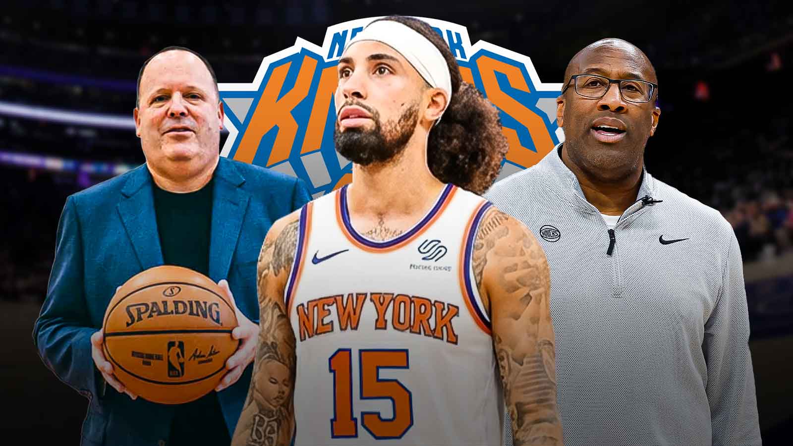 PG Jose Alvarado in a Knicks #15 jersey (front, center) with Knicks president Leon Rose and Knicks HC Mike Brown. New York Knicks logo behind them