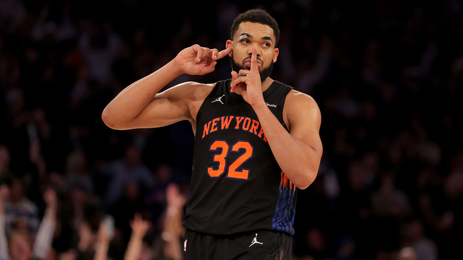Knicks center Karl-Anthony Towns (32) reacts after tying the game with two free throws during the fourth quarter against the Indiana Pacers at Madison Square Garden