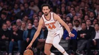 New York Knicks guard Landry Shamet (44) dribbles against the Detroit Pistons during the first half at Madison Square Garden.
