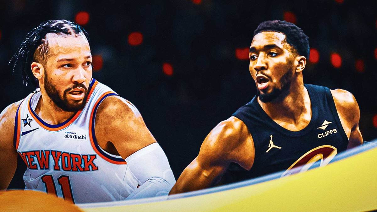 Jalen Brunson on one side, Donovan Mitchell on the other side, Rocket Arena in the background