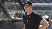Pittsburgh Pirates shortstop Konnor Griffin who was the ninth overall pick in first round of the 2024 First-Year Player Draft looks on at the batting cage before a game against the Arizona Diamondbacks at PNC Park.