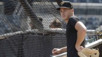 Pittsburgh Pirates shortstop Konnor Griffin who was the ninth overall pick in first round of the 2024 First-Year Player Draft looks on at the batting cage before a game against the Arizona Diamondbacks at PNC Park.