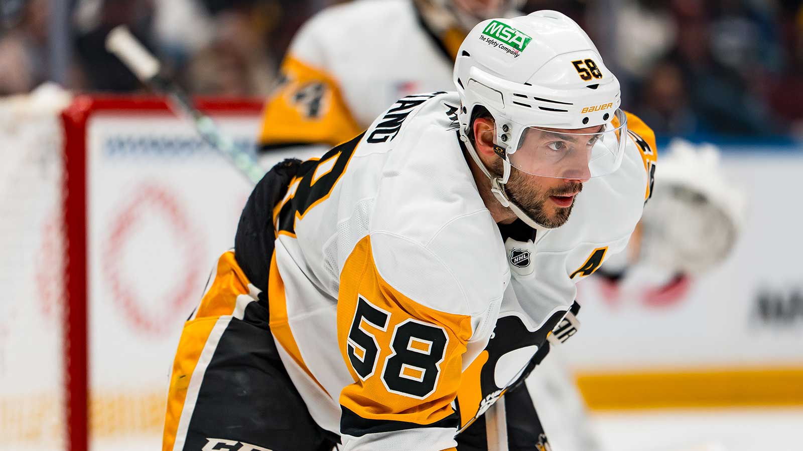 Pittsburgh Penguins defenseman Kris Letang (58) during a stop in play against the Vancouver Canucks in the second period at Rogers Arena.