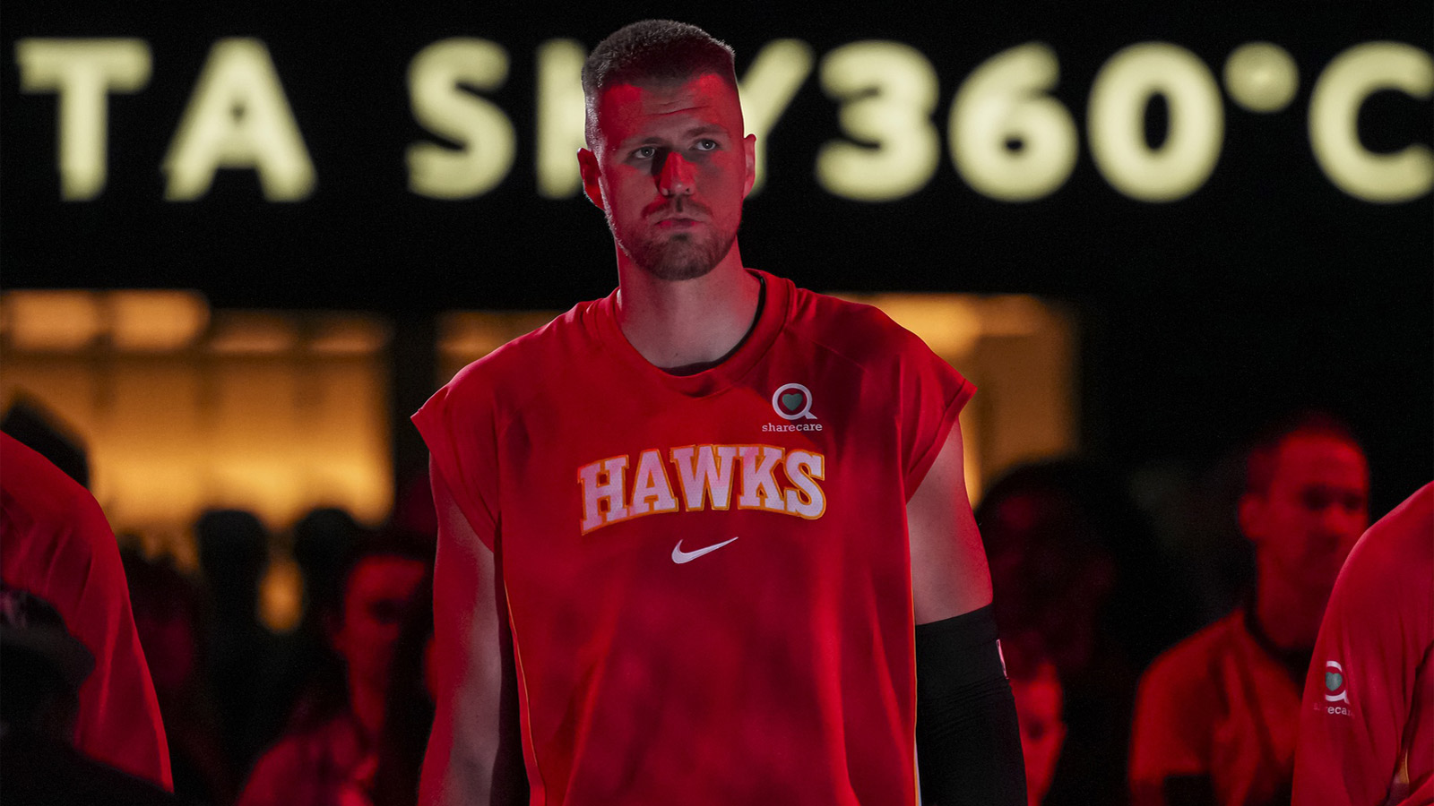 Atlanta Hawks center Kristaps Porzingis (8) shown before the start of the game against the Minnesota Timberwolves at State Farm Arena. 
