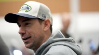 Seattle Seahawks offensive coordinator Klint Kubiak speaks to the media at the San Jose Convention Center.