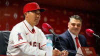 Los Angeles Angels manager Kurt Suzuki speaks during a press conference at Angel Stadium