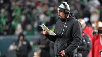 San Francisco 49ers head coach Kyle Shanahan against the Philadelphia Eagles in an NFC Wild Card Round game at Lincoln Financial Field