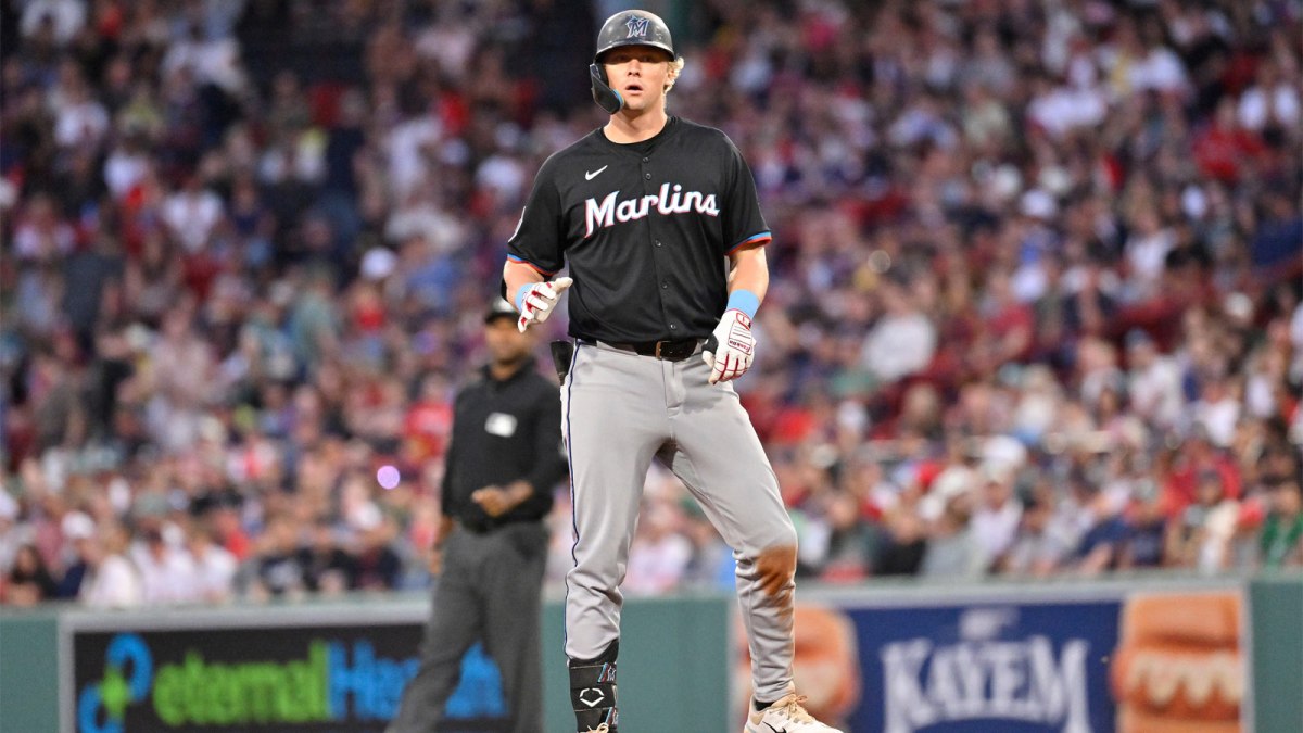 Miami Marlins left fielder Kyle Stowers (28) reacts after hitting a one-run RBI against the Boston Red Sox during the third inning at Fenway Park.