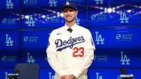 Los Angeles Dodgers right fielder Kyle Tucker (23) is introduced to the media during a press conference at Dodger Stadium.