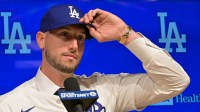 Los Angeles Dodgers right fielder Kyle Tucker (23) is introduced to the media during a press conference at Dodger Stadium.