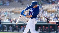 Los Angeles Dodgers outfielder Kyle Tucker against the Cleveland Guardians during a spring training game at Camelback Ranch-Glendale.