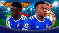 Kylian Mbappé and Vinícius Jr. ; Real Madrid and Benfica logo