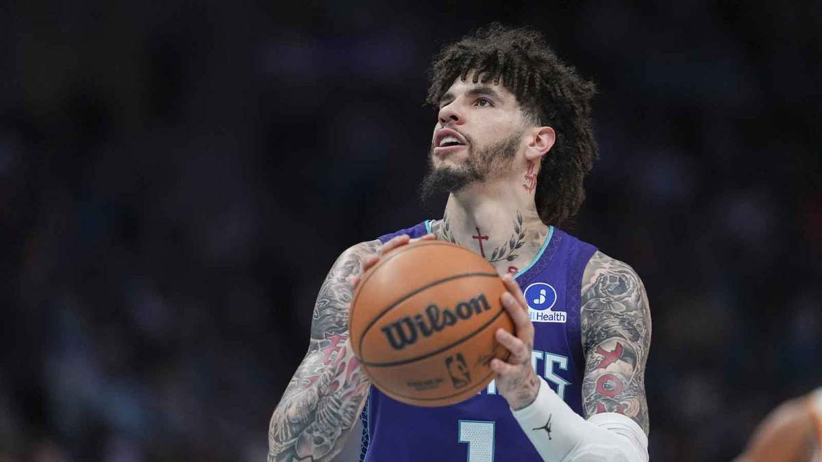 Charlotte Hornets guard LaMelo Ball (1) shoots a free throw during the second half against the Atlanta Hawks at Spectrum Center.