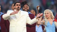 Bad Bunny and Lady Gaga perform the halftime show in Super Bowl LX between the Seattle Seahawks and the New England Patriots at Levi's Stadium.