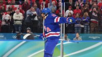 Feb 19, 2026; Milan, Italy; Laila Edwards (10) of the United States reacts after assisting on a goal against Canada in the women's ice hockey gold medal game during the Milano Cortina 2026 Olympic Winter Games at Milano Santagiulia Ice Hockey Arena. Mandatory Credit: Amber Searls-Imagn Images
