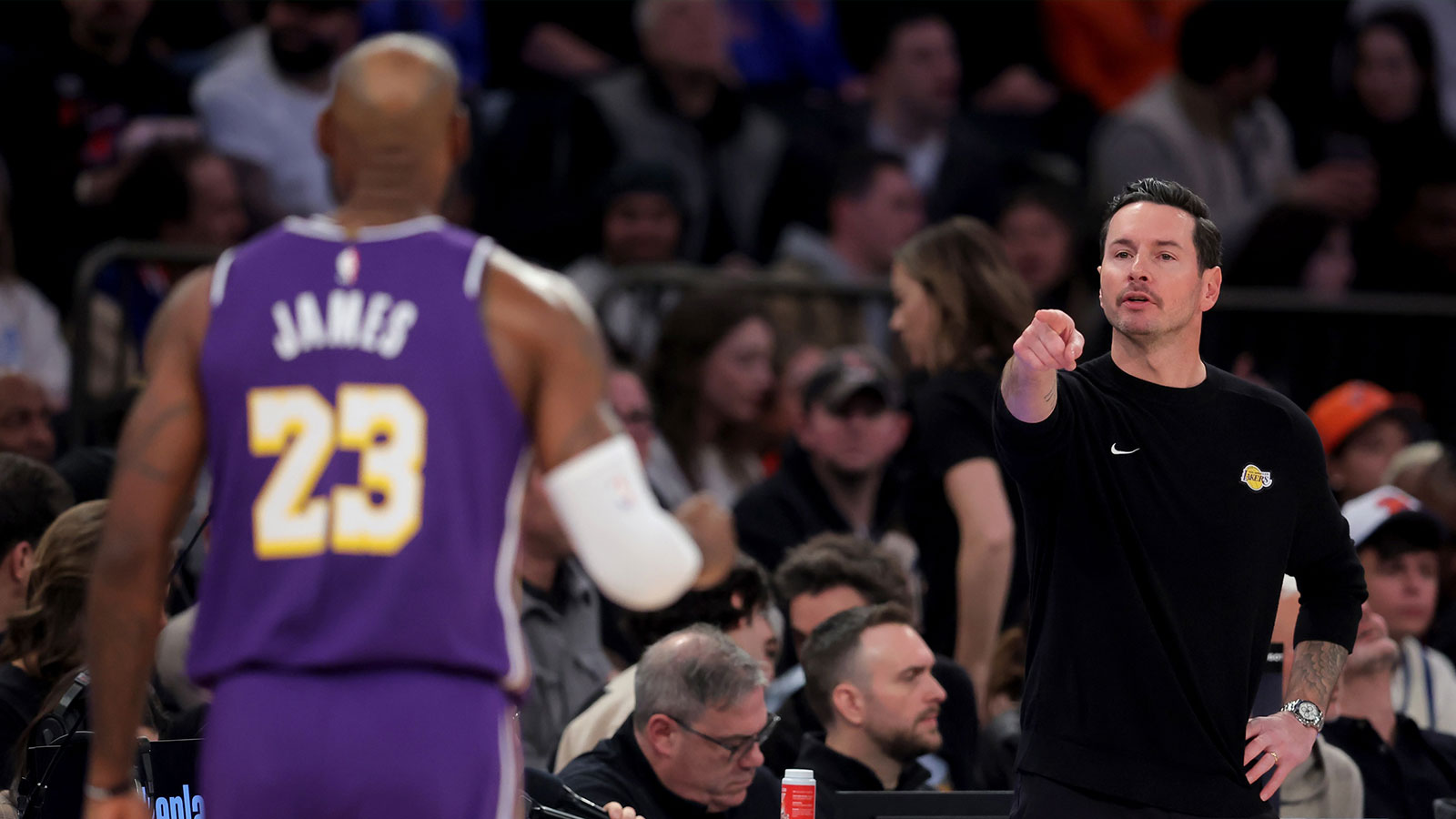 Lakers head coach JJ Redick points to forward LeBron James (23) during the first quarter against the New York Knicks at Madison Square Garden