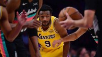 Los Angeles Lakers guard Bronny James (9) before the jump ball against the San Antonio Spurs during the second half at Crypto.com Arena.