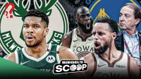 Bucks' Giannis Antetokounmpo with question marks next to Warriors' Draymond Green, Stephen Curry, and Joe Lacob - Siegel's Scoop