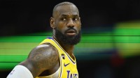 Los Angeles Lakers forward LeBron James (23) stands on the court in the third quarter against the Cleveland Cavaliers at Rocket Arena.