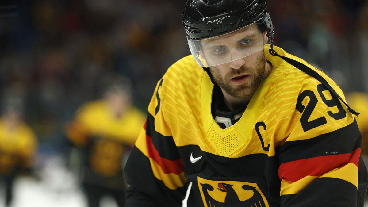 Leon Draisaitl of Germany during the warm up before the match against the United States in men's ice hockey group C play during the Milano Cortina 2026 Olympic Winter Games at Milano Santagiulia Ice Hockey Arena.