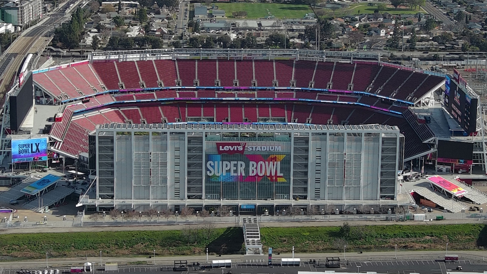 A general overall aerial view of Levi's Stadium, the site of Super Bowl 60 between the New England Patriots and the Seattle Seahawks. 