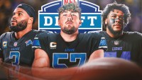 Miami EDGE Akheem Mesidor, Georgia tackle Monroe Freeling, and Alabama tackle Kadyn Proctor all in Detroit Lions uniforms. There is also a logo for the 2026 NFL Draft in the background.