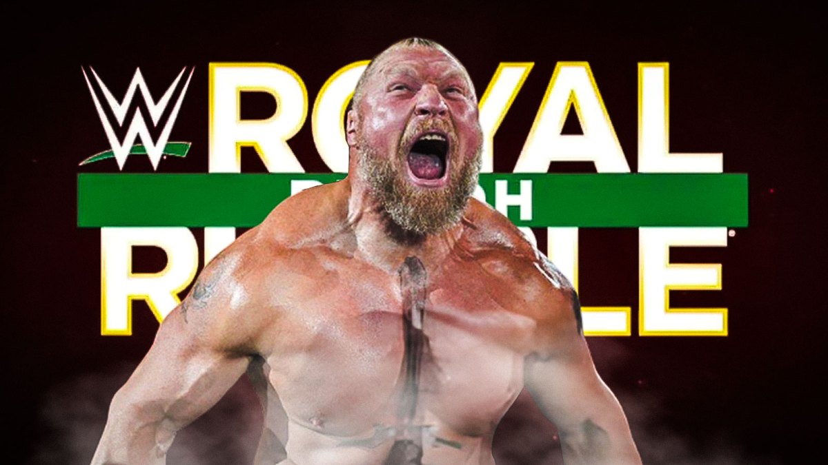 WWE Superstar Brock Lesnar with 2026 Royal Rumble logo behind him.