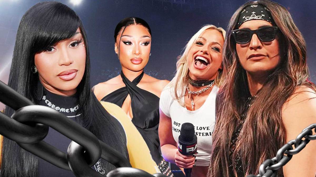 Cardi B and Megan Thee Stallion next to WWE Superstars Liv Morgan and Raquel Rodriguez.