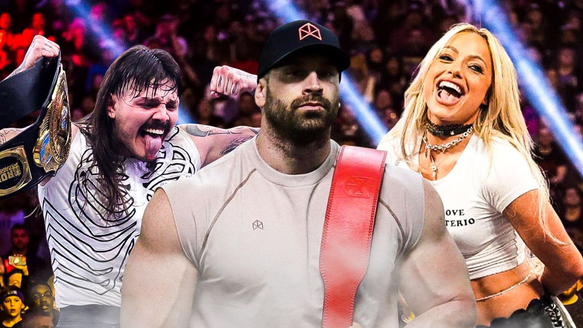 WWE stars Dominik Mysterio and Liv Morgan, who are dating in storyline, with Bradley Martyn in the middle.