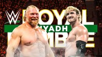 WWE Superstars Brock Lesnar and Logan Paul with 2026 Royal Rumble logo.