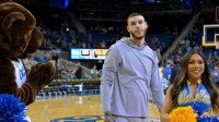 Former UCLA Bruins Lonzo Ball is introduced to the crowd as the team's honorary captain for the game against the Rutgers Scarlet Knights at Pauley Pavilion presented by Wescom Financial.
