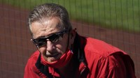 Los Angeles Angels owner Arte Moreno gets ready for a spring training game against the San Francisco Giants at Tempe Diablo Stadium.