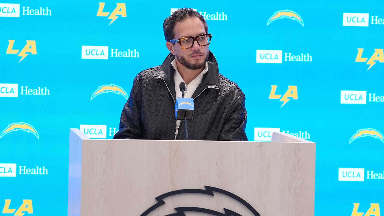 Los Angeles Chargers offensive coordinator Mike McDaniel speaks at introductory press conference at The Bolt.