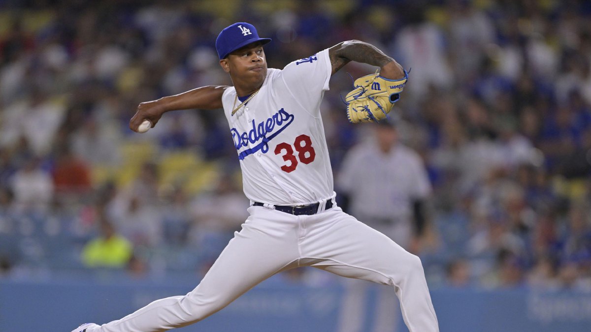 Los Angeles Dodgers relief pitcher Yency Almonte (38) throws to the plate in the ninth inning against the Colorado Rockies at Dodger Stadium.