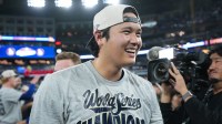 Los Angeles Dodgers two-way player Shohei Ohtani (17) reacts after defeating the Toronto Blue Jays in the eleventh inning for game seven of the 2025 MLB World Series at Rogers Centre. Mandatory Credit: Nick Turchiaro-Imagn Images
