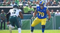 Los Angeles Rams offensive tackle Rob Havenstein (79) blocks Philadelphia Eagles linebacker Nolan Smith (3) at Lincoln Financial Field.