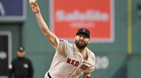 Boston Red Sox starting pitcher Lucas Giolito (54) pitches against the Athletics during the first inning at Fenway Park.