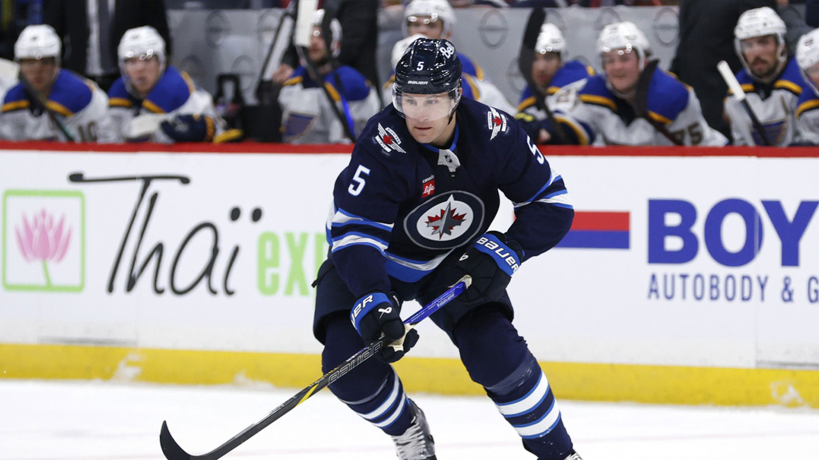 Winnipeg Jets defenseman Luke Schenn (5) skates through the neutral zone against the St. Louis Blues in the second period at Canada Life Centre.