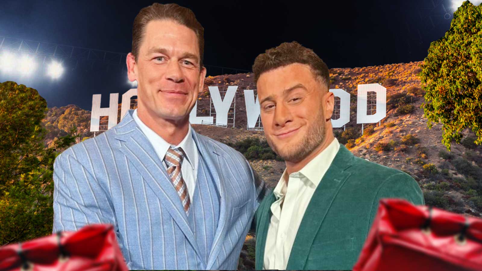 AEW Champion MJF with WWE legend John Cena; Hollywood sign in the background