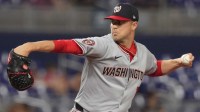 Washington Nationals starting pitcher MacKenzie Gore (1) pitches in the first inning against the Miami Marlins at loanDepot Park.