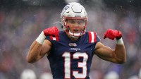 New England Patriots wide receiver Mack Hollins (13) reacts after a play against the Buffalo Bills in the first quarter at Gillette Stadium.