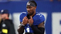New York Giants wide receiver Malik Nabers (1) looks on before the game against the Kansas City Chiefs at MetLife Stadium.