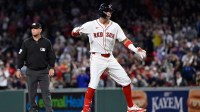 Boston Red Sox third baseman Marcelo Mayer (39) reacts to hitting a one run RBI against the Tampa Bay Rays during the seventh inning at Fenway Park.