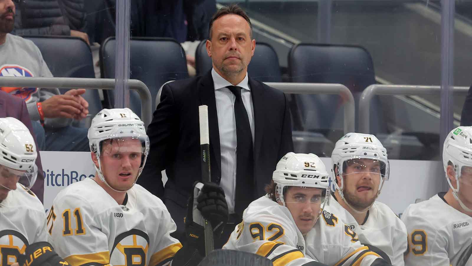 Boston Bruins head coach Marco Sturm coaches against the New York Islanders during the first period at UBS Arena. 