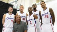 Los Angeles Clippers head coach Doc Rivers, forward Blake Griffin (32), guard Chris Paul (3), forward Matt Barnes (22), center DeAndre Jordan (6) and guard J.J. Redick (4) during media day at the training facility in Playa Vista.